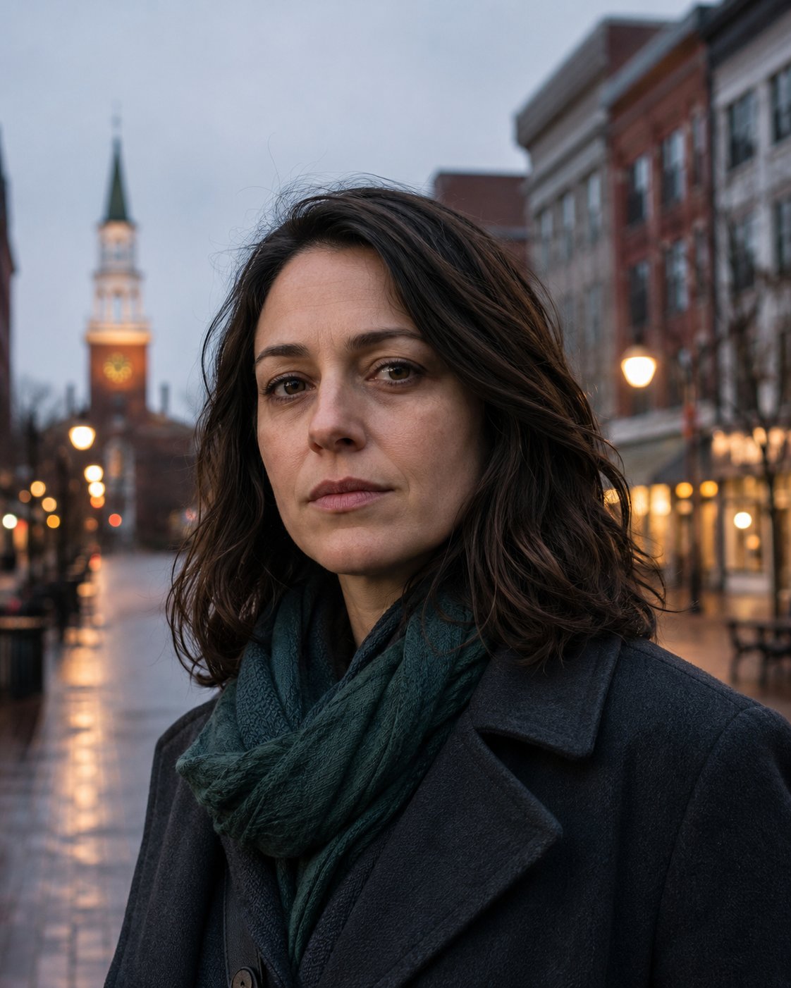 Bri Watters at dusk on a downtown street, collar up against the cold